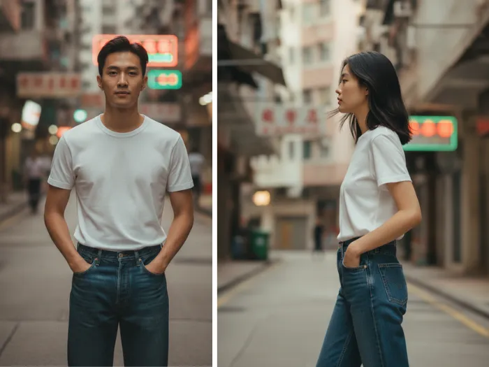 Áo thun trắng basic + quần jean xanh đậm Phối đồ style hong kong nam style hongkong 90s nữ và nam