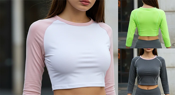 Áo raglan croptop Cotton Spandex, Modal Spandex – co giãn tốt, ôm dáng mà vẫn thoải mái.
