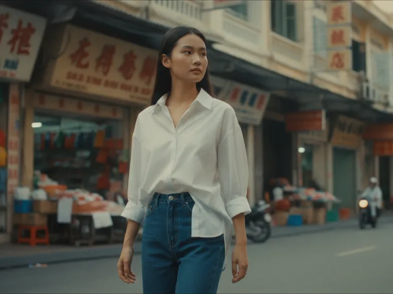 Áo sơ mi trắng + Quần jean cạp cao 10 Cách phối đồ style Hong Kong Nữ dễ ứng dụng_5