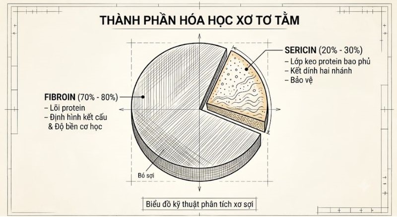 Sợi Tơ Tằm Là Gì? Đặc Tính & Nguồn Cung Tơ Thô Chất Lượng 3 Biểu đồ tròn (Pie Chart) thể hiện tỷ lệ Fibroin và Sericin của xơ tơ tằm