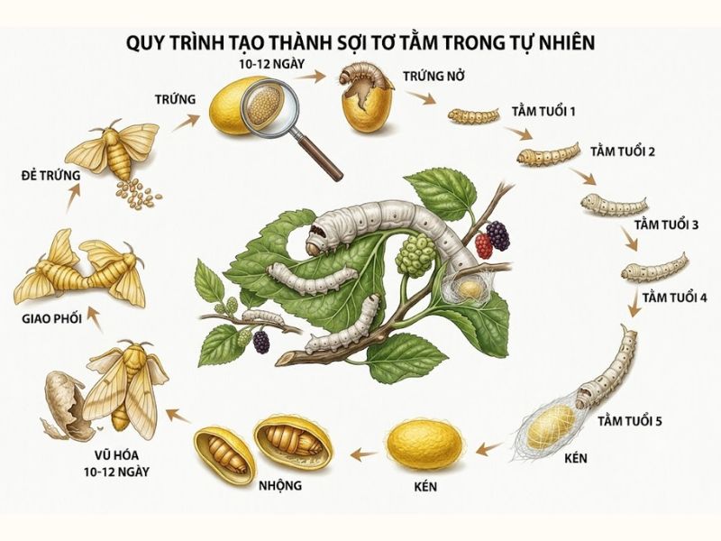 Sợi Tơ Tằm Là Gì? Đặc Tính & Nguồn Cung Tơ Thô Chất Lượng 1 Quy trình tạo sợi tơ tằm trong tự nhiên
